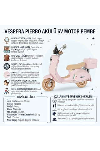 Vespera Pierro Uzaktan Kumandalı 6v Pembe Led Işıklı Arka Sepetli Çocuk Akülü Motor/scooter 3-6 Yaş