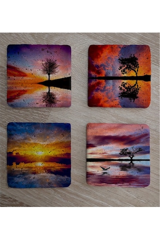 Gün Batımı Tek Ağaçlar Doğal Taş Bardak Altlığı 4'lü Set - Natural Stone Coasters - Taş Çok Renkli