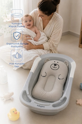 Babyjem Sevimli Kedi Köpüklü Bebek Banyo Küvet Yatağı Gri (Straforlu - Suda Batmaz)