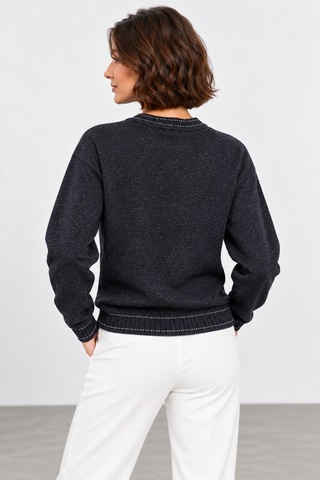 Bihan Store Kadın Simli Sıfır Yaka Triko Bluz W27-31629 - Lacivert