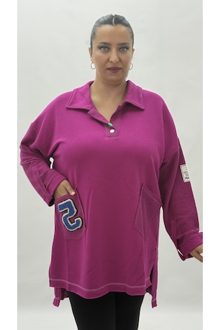Büyük Beden Yakalı Cepli Sloganlı Uzun Kol Oversize Viskon Kadın Tunik Sweatshirt Pembe
