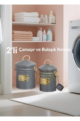 2'li Set Deterjan Kovası Çamaşır Bulaşık Kutusu Ölçekli Galvaniz Metal Antrasit Antrasit