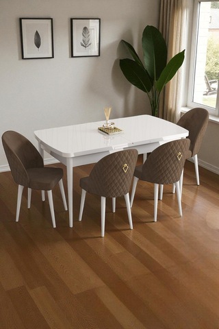 Mura Beyaz 80x132 Açılabilir Mdf Masa Yemek Odası Takımı, Mutfak Takımı 4 Adet Sandalye Kahverengi