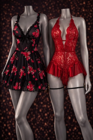 Albonishop Romantik Koleksiyon Kırmızı Dantel Fantazi Gecelik Ve Çiçek Baskılı Tül Babydoll Kombin Set Çok Renkli