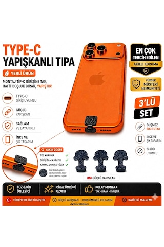 Type-c Yapışkanlı Toz Koruma Tıpası Yonca 3 Lü Set Şarj Girişi Koruyucu Premium