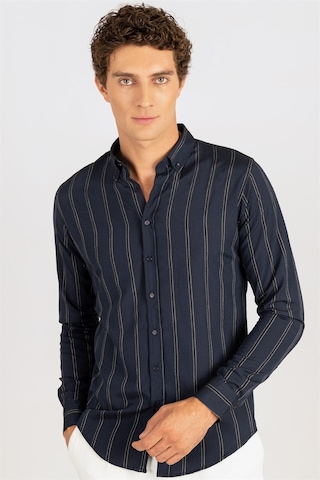 Tudors Slim Fit Düğmeli Yaka Pamuklu Kolay Ütü Çizgili Erkek Gömlek-24822-lacivert Lacivert