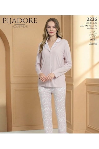 Pijadore Kadın Önü Düğmeli Uzun Kollu Mevsimlik Pijama Takımı 2236 Pembe