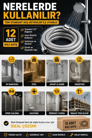 12 Adet 2 Metre Duş Hortumu Koli Satışı Paslanmaz Bağlantılı Kırılmaz Sızdırmaz Standart 1/2 Çok Renkli