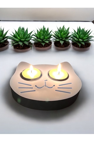 Mavi Kedi Şekilli Beton Mumluk - El Yapımı Dekoratif Çay Işığı Tealight Mumluk - Minimalist Kedi Tem Mavi