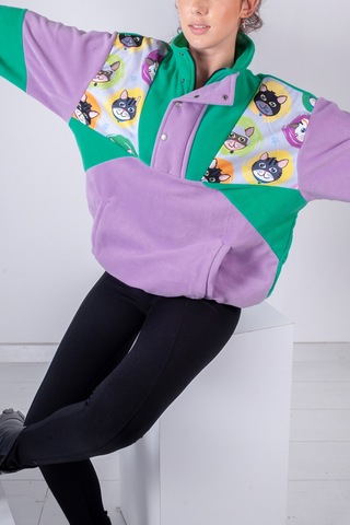 Kadın Erkek Kedi Desenli Yarım Fermuarlı Polar Sweatshirt