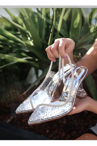 Dabab Shoes Marry Jow Kadın Gümüş Şeffaf Boncuk Taş İşlemeli Stiletto Topuklu Ayakkabı GÜMÜŞ
