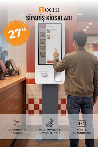 27 Inç Fhd Dokunmatik Ayaklı Self Servis Ödeme Ve Sipariş Kiosku Android