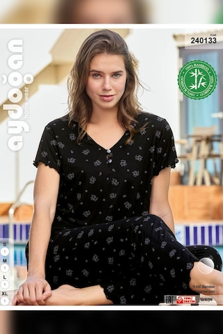 Aydoğan Kadın Mısra Bambu Kısa Kol Siyah Pijama Takım 0133 Siyah