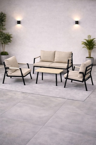Mb Garden Furnıture Dream Balkon, Bahçe Takımı, Cafe, Metal Kanepe, Koltuk Takımı, Bahçe Mobilyası, 2+1+1 Sehpalı Bej