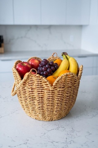 Rattan Hasır Dekoratif Kulplu Organizer Sepet - M-1687