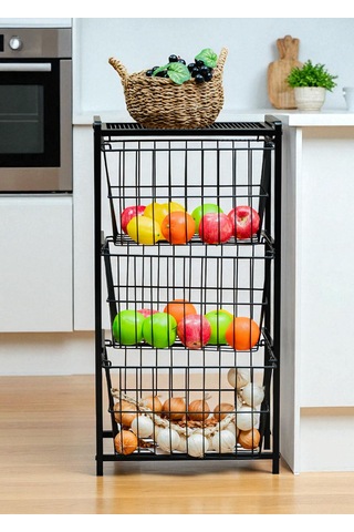 Dekoratif Siyah Metal Sebzelik 3 Raflı Tel Sepetli Çok Amaçlı Stand Siyah