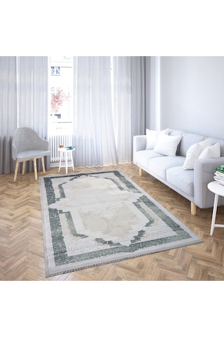Nostalji Seri Çerçeveli Klasik Motifli Altı Kaymaz Makine Dokuma Halı 13481-838 Beyaz