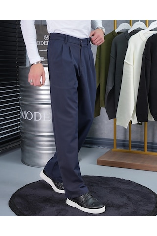 Modefendi Baggy Kesim Pile Detaylı Kumaş Pantolon Lacivert