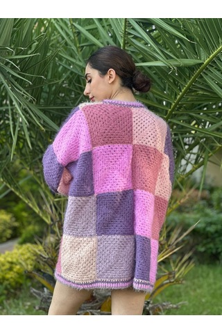 Gönülden Tasarım El Örgüsü Peluş Yumuşak Kadın Oversize Hırka Renkli