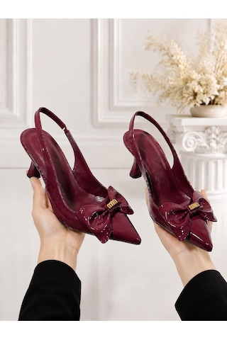 Dabab Shoes Kamıla Kadın Bordo Fiyonk Detaylı Rugan Sivri Burun Slingback 7 Cm İnce Topuklu Ayakkabı
