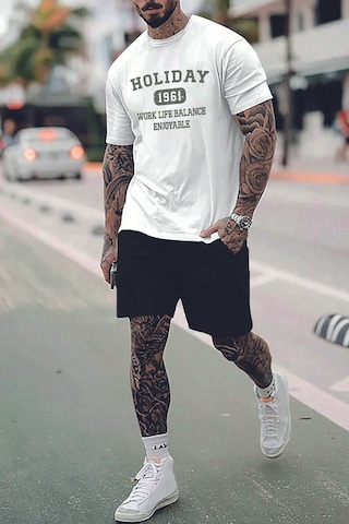 Uyguntarz Unisex Holiday Baskılı Şort Takım Beyaz