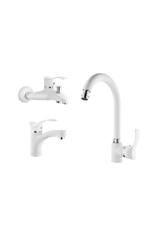 Gms Akdeniz Lavabo + Banyo + Eviye Batarya Set Beyaz - Krom Beyaz