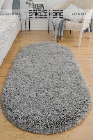 Gri Oval Post Halı Peluş Yumuşak Kaymaz Dot Taban Makinada Yıkanabilir Yolluk Gri