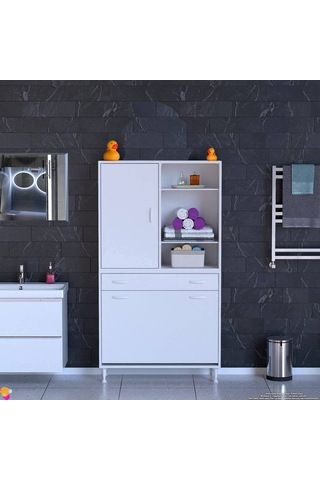Modilayn Afra 90x173x32,5cm 1 Çekmece, 3 Göz Sepet, 1 Kapak, 6 Raf Dar Alan Banyo Dolabı Beyaz