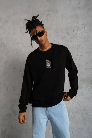 Luz&pos Erkek Bisiklet Yaka Baskılı Oversize Sweatshirt - Siyah Siyah
