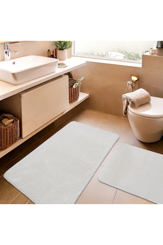 2'li Peluş Banyo Paspası Takımı Yumuşak Kaymaz Tabanlı Klozet Takımı 60x50 - 60x100 Krem - Koyu Gri