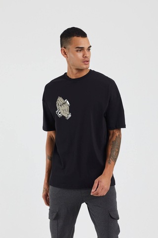 Thewert Unisex Mask Baskılı Siyah Oversize Tshirt