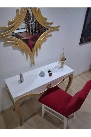 Dresuar Cnc Kabartma 90661 Model Aynalı Ahşap Sandalye Ayak Parlak Beyaz Gold Renk Beyaz - Gold