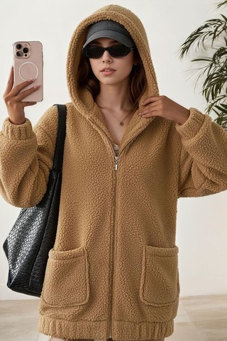Aclassics Peluş Kuzu Kıvırcık Torba Cepli Kolej Mont Siyah Ks2526 Camel