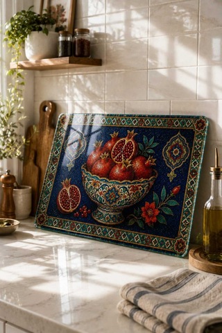 Gökçeoğlu Cam Kesme Tahtası Otantik Nar Motifi Temalı - Cam Kesme Tablası 30cm X 40cm Çok Renkli