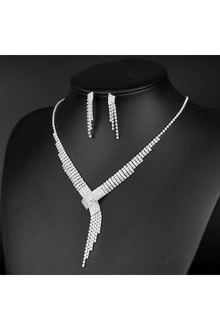 Chavin Düğün Nişan Kına Zirkon Taşlı Bayan Kolye Küpe Set es08 Beyaz