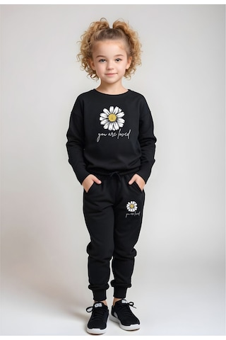 Fyk Kids Bel Detayı Lastikli Baskılı Kız Çocuk Alt-üst Takım Siyah