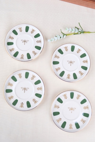 Tabak Evi Porselen Acem Zade Yeşil Çay Tabağı 12,5cm 4 Lü Çok Renkli