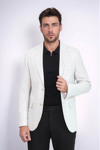 Açık Gri Balıksırtı Desenli Gold Renk Metal Düğmeli Slim Fit Erkek Blazer Ceket - Wessi Grey