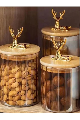 Morponi 3'lü Borosilikat Cam Geyik Figürlü Şık Çizgili Cam Kavanoz Mutfak Seti 500-750-1000 Ml Şeffaf