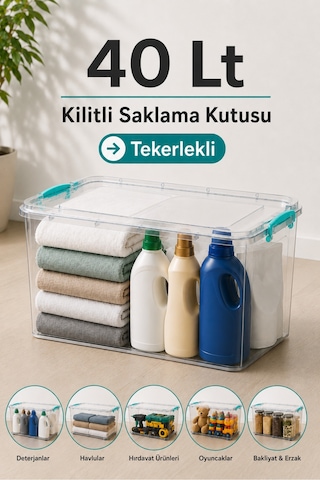 40 Lt Tekerlekli Kilitli Saklama Kutusu - Çok Amaçlı Düzenleyici Erzak Hırdavat Oyuncak Saklama Kabı