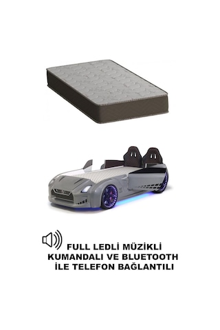 Gri Arabalı Yatak Kapıları Açılan Gtr Full Ledli Kumandalı Ve Müzikli + Ortopedik Yatak 90x190 Cm