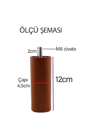 4 Adet Destek Ayağı 12 Cm Kahverengi Ve 4 Adet Düz Ayak Tabanı M8 Civatalı İnce Diş Mobilya Baza Seti