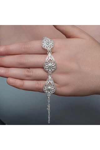 Gümüş Damla Papatya Telkari Kadın Bileklik 925 Ayar