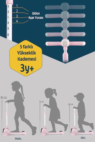 Prego Flow Müzikli Işıklı Oturaklı Çocuk Scooter Katlanabilir - Yükseklik Ayarlı Pembe
