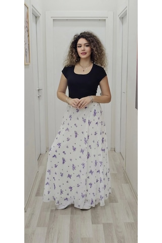 Bel Lastikli Kloş Şifon Etek 6003-beyaz/lila Beyaz/lila Beyaz - Lila