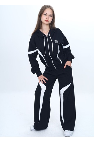Kız Çocuk %100 Pamuk Garnili Kapüşonlu Fermuarlı Oversize Alt&üst Trend Eşofman Takımı-315-eşt-0003 Siyah