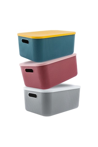 Bayev 3 Adet 13 Litre Storage Mix Dolap Düzenleyici Kapaklı Kutu - Kıyafet Çorap Saklama Kutusu Çok Renkli