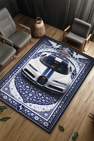 Bugatti Chiron Araba Desenli Halı Dijital Baskı Yıkanabilir Kaymaz Taban Leke Tutmaz