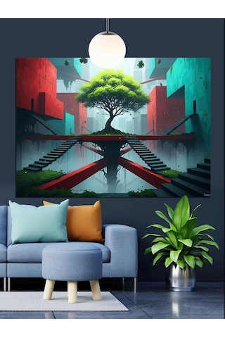 Hayat Ağacı Soyut Sanat Dekoratif Kanvas - Mdf Ahşap Tablo Çok Renkli