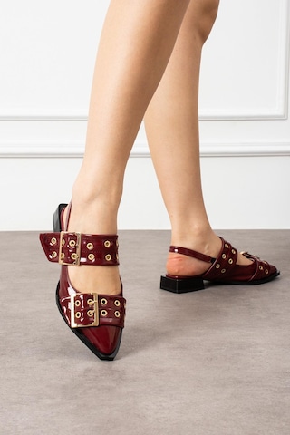 Shoetek Lowe Kadın Babet Çift Geniş Bantlı Tokalı Pimli Bordo Rugan Bordo